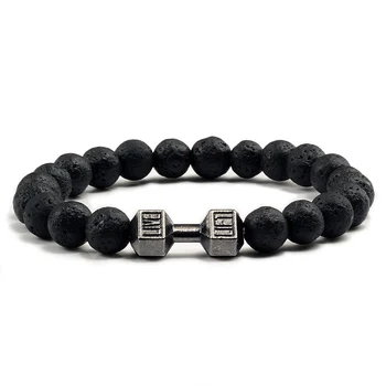Bracciale in pietra vulcanica naturale da uomo nero opaco Lave perline bianche braccialetti con fili con manubri gioielli da fitness con bilanciere da donna 1