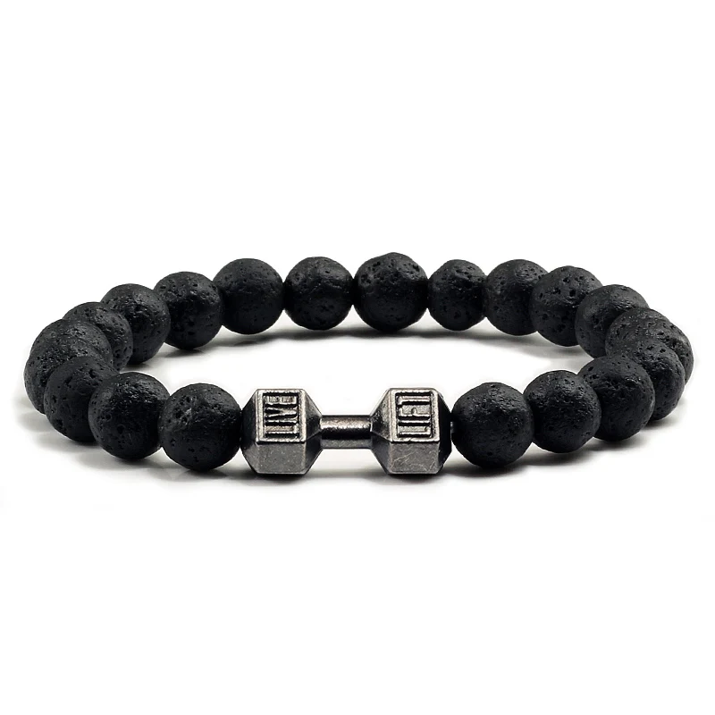  Natural Volcanic Stone Bracelet Men Matte Black Lave White Beads Charm Dumbbell Strand Bracelets Women Barbell Fitness Jewelry 