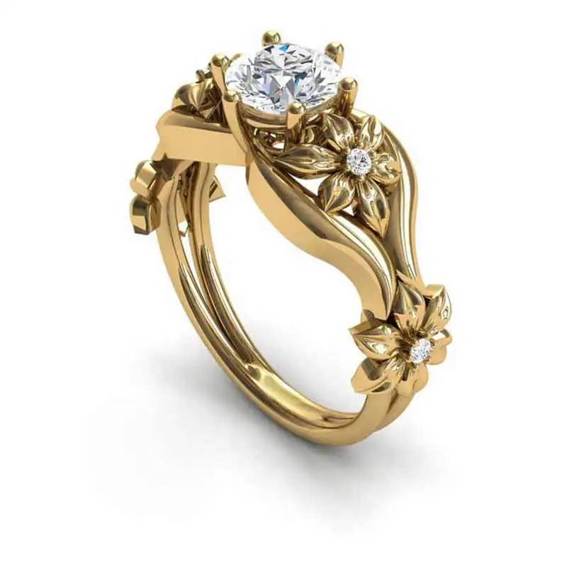 

Huitan Pretty Flower Ring Shiny Golden Color Engagement Ring With Crystal Cubic Zircon Flower Leaf O-Ring Female Elegant Jewelry