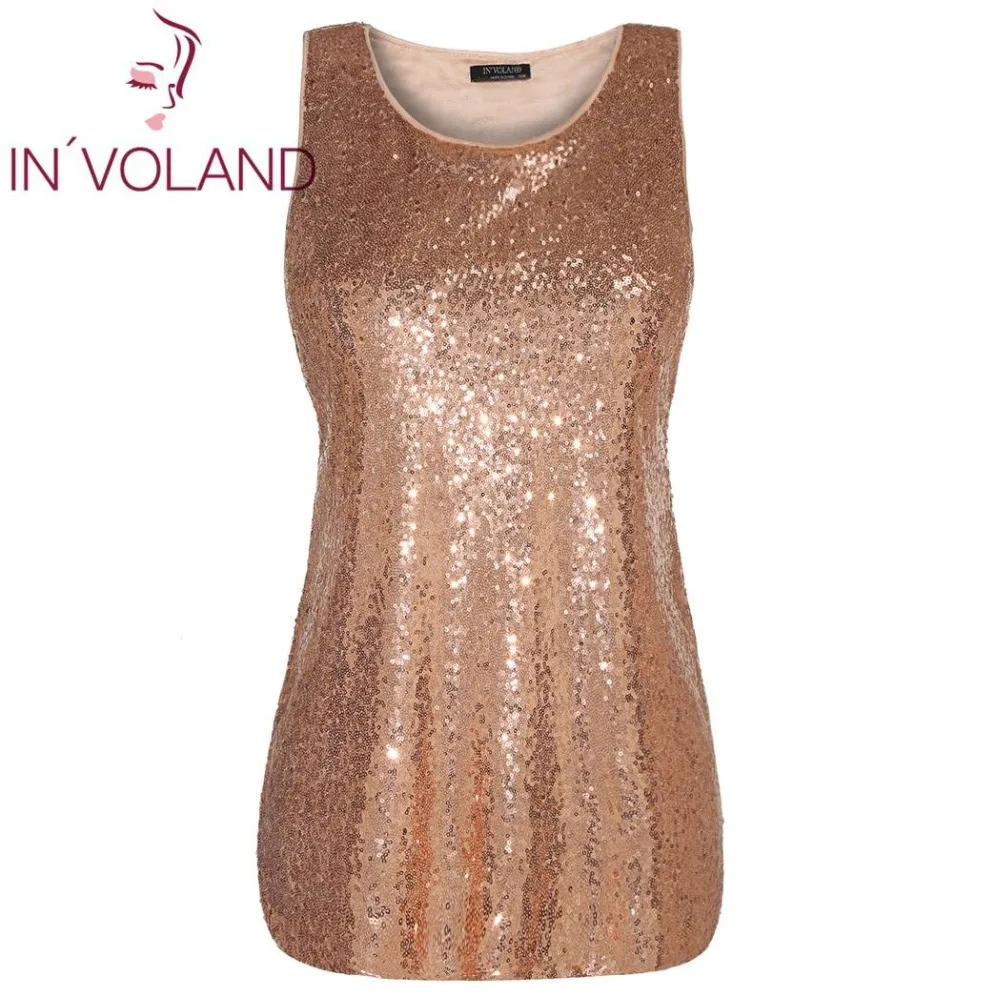 

IN'VOLAND Women Tank Tops Sequin Summer Plus Size XL-5XL Solid Basic O-Neck Sleeveless Party Large Size Casual Feminino Tops