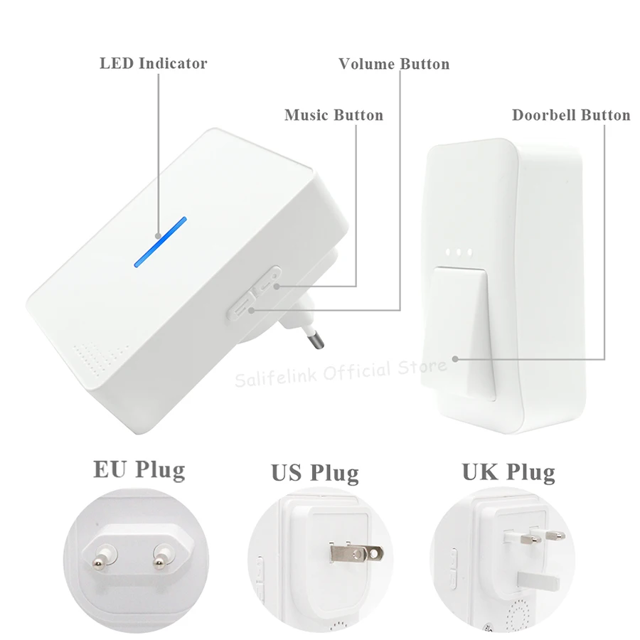 EU/US/UK без Батарея нужно Водонепроницаемый Беспроводной дверной звонок Главная цифровые, со светодиодом электронный дверной звонок с кнопкой звонки