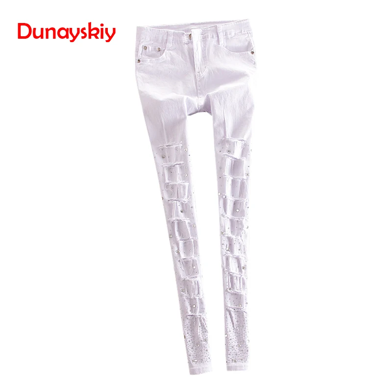 

New Cotton Jeans Women Rhinestone High Waist Single Breasted Denim Pants Feet Pencil Pants Plus Size Spring And Summer Holes
