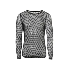 Новая мода, Мужская сексуальная прозрачная марлевая майка, ультратонкая, круглый вырез, бриллиантовая сетка, длинный рукав, футболка для фитнеса, мужская майка