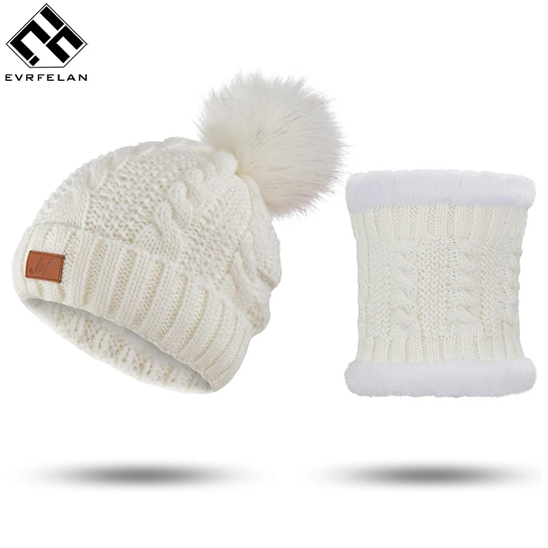 

Evrfelan Fashion Thick Cotton Beanies Scarf Women Girls Winter Scarf Hat Set Knitted Pompoms Winter Hat&Scarf 2 Pieces/Set