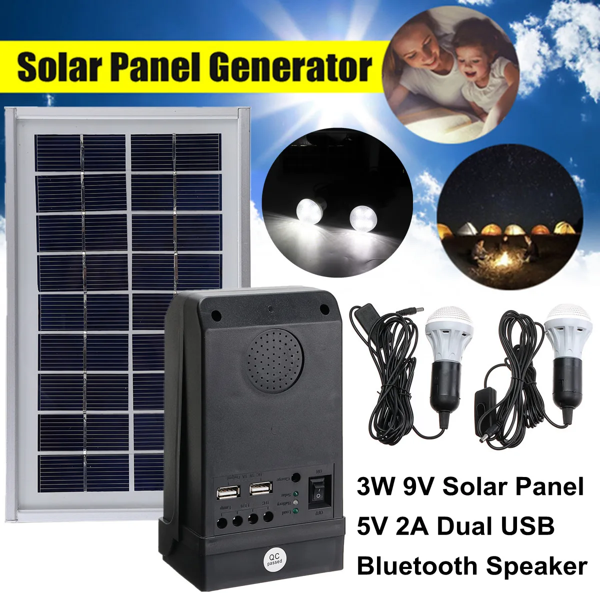 

5V 2A USB Charger System with Bluetooth Speaker Solar Panel Power Generator LED Light Reusable Durable Camping Large Capacity