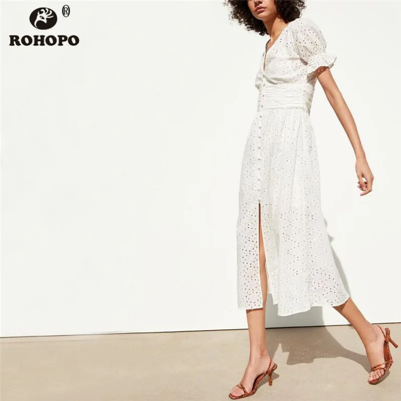 ROHOPO Summer Cotton White Pleated Dress Hollow Preppy Girl Cute Tunic Lace Buttons Fly Maxi Dress Embroidery Floral #CW9071
