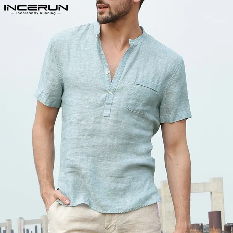 INCERUN الأزياء 2019 جديد الصيف رجل عارضة قمصان قصيرة الأكمام الخامس الرقبة الأساسية بلوزة عارضة فضفاض رقيقة قمم الرجال زائد حجم S-3XL