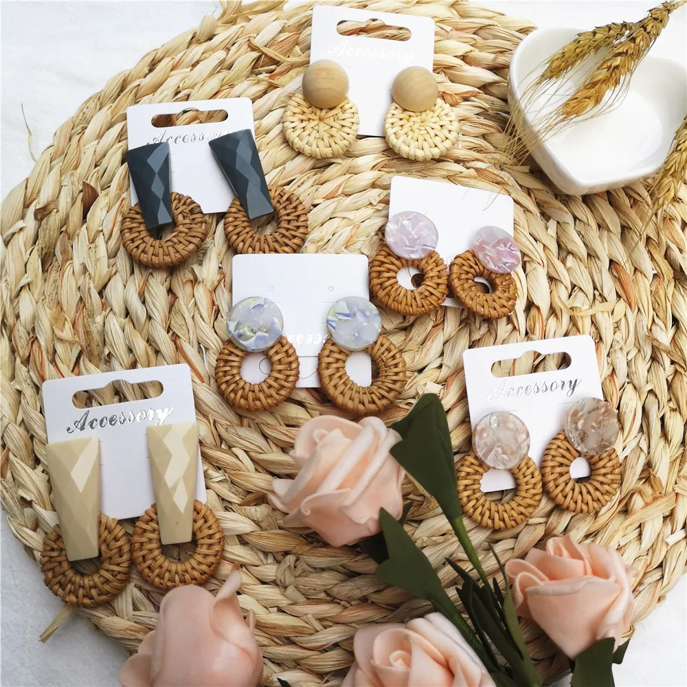 

Big Hollow Out Rattan Straw Weave Drop Earrings Korea Handmade Irregular Acrylic Stone Wooden Round Circle for Women Girl