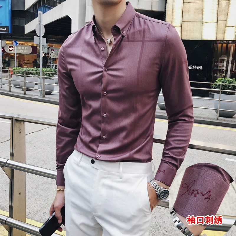 2018 осень вышивка мужская рубашка с длинными рукавами корейский тонкий мужской тренд красивый дикий Бизнес Повседневная рубашка