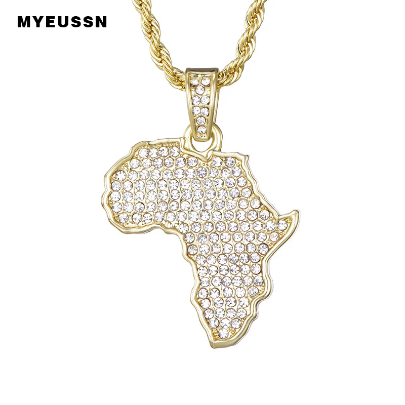 Africa Map ледяная цепочка стразы Золотой/Серебряный цвет кулон и ожерелье для