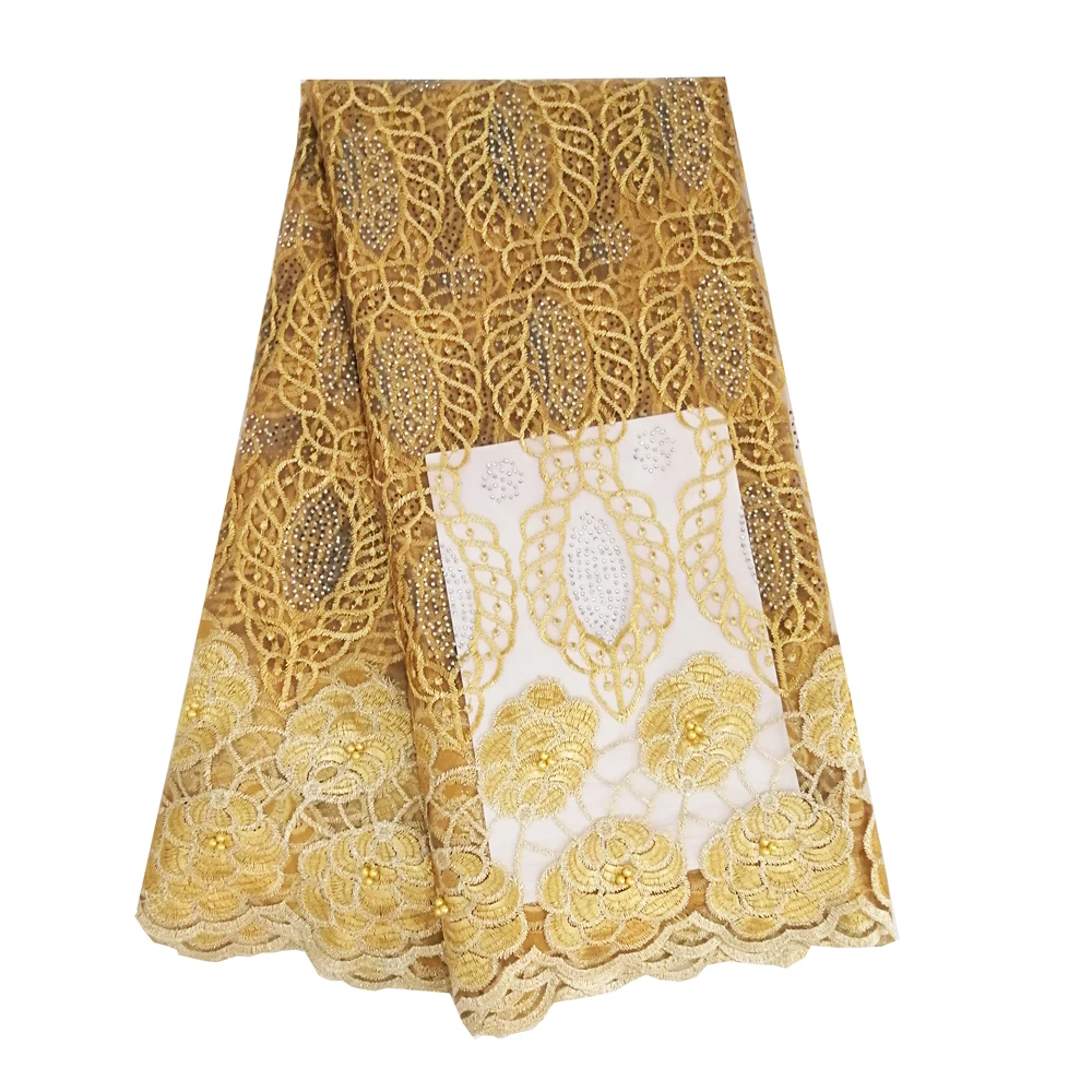 

5 Yards/lot gold nigerian lace fabrics high quality 2019 polyester embroidery tulle net lace fabric for aso ebi party dresses