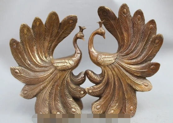 

free 14"Chinese Bronze Folk Beautiful Animal Peacock Peafowl KongQue Statue Pair fast