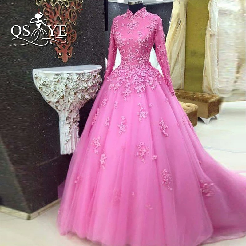 Pink Ball Gown Saudi Arabia Vintage Muslim Evening Dress 2017 High Neck 3D Floral Lace Long Sleeves Tulle Prom Formal | Свадьбы и