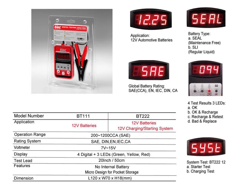 Тестер батареи DHC BT222 цифровой аккумулятор Зарядка пусковая система