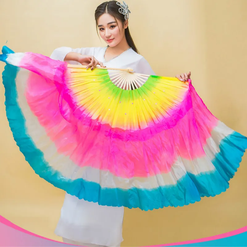 Красочный Взрослый танцевальный веер двухсторонний Шелковый ручной вентилятор с длинным плавающим квадратным реквизиты для танцев abanicos para boda