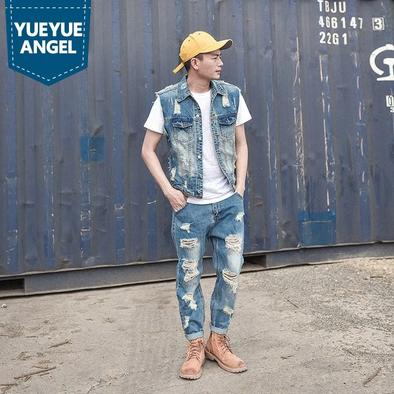 

Detachable Rompers Mens Jumpsuit Summer Fashion Denim Overalls Ripped Hole Ankle Length Pants Men Jeans Vest Casual Light Blue