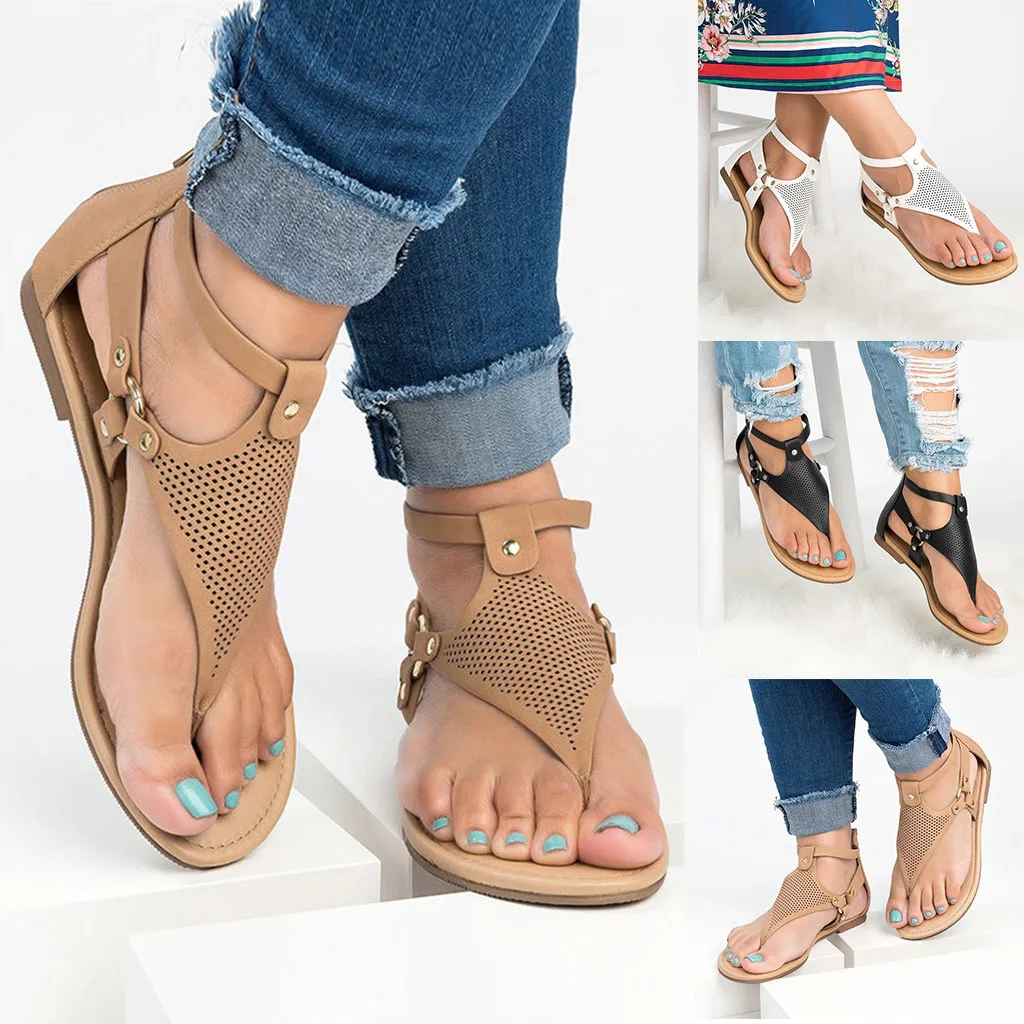 

Women's Sandals Casual Rome Solid Hollow Out Open Toe Zipper Sandals Flat With Shoes Soft Beach Female Leisure Sandals T9#