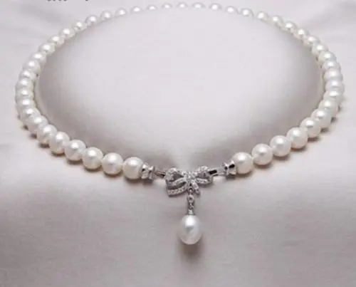 

Jew3112 NEW AAA+9-10MM Akoya White Pearls Necklace/Bow Pendants 925 Silver