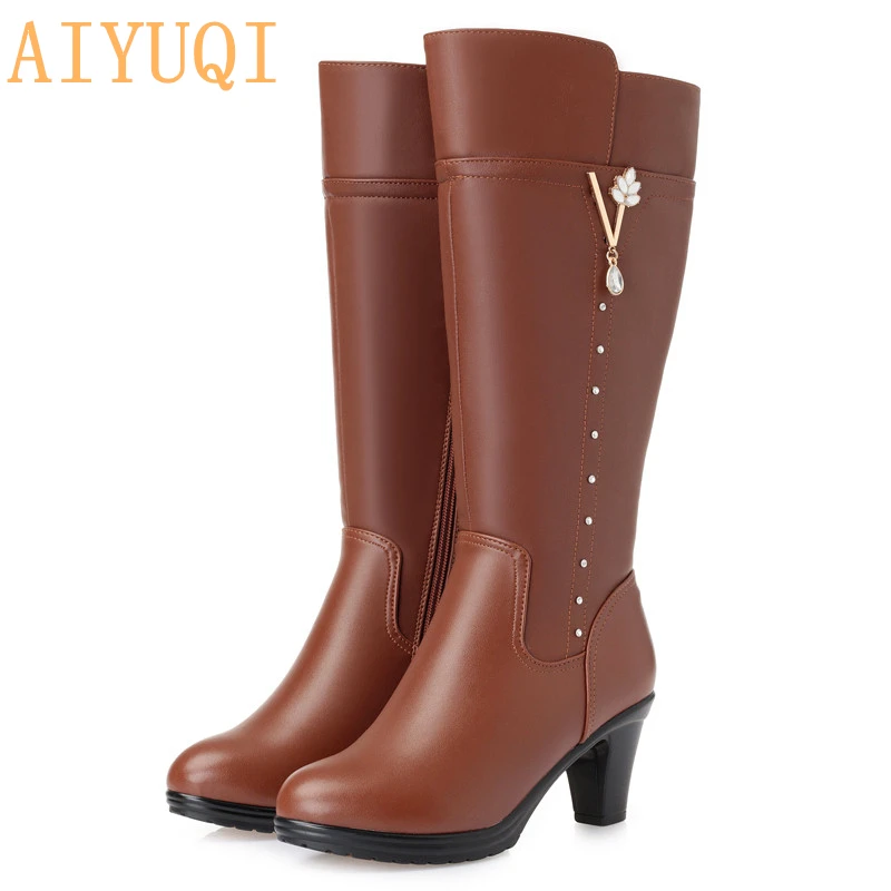 Online Women s winter boots 2019 new genuine leather female boots size 43 warm high heeled wool boots women trend Martin boots women