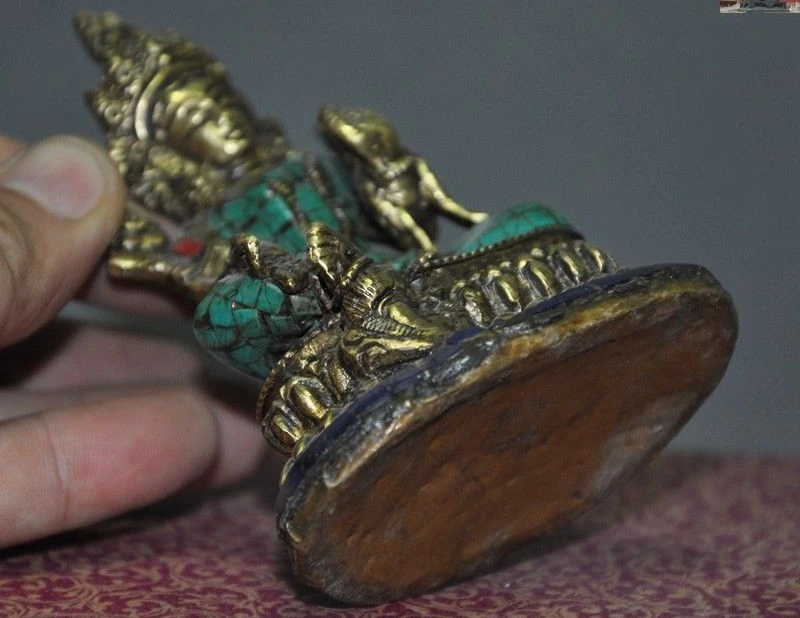 " Тибетский бронзовая позолота инкрустированный Бирюзовый Зеленая Тара Kwan-yin статуя божества Будды