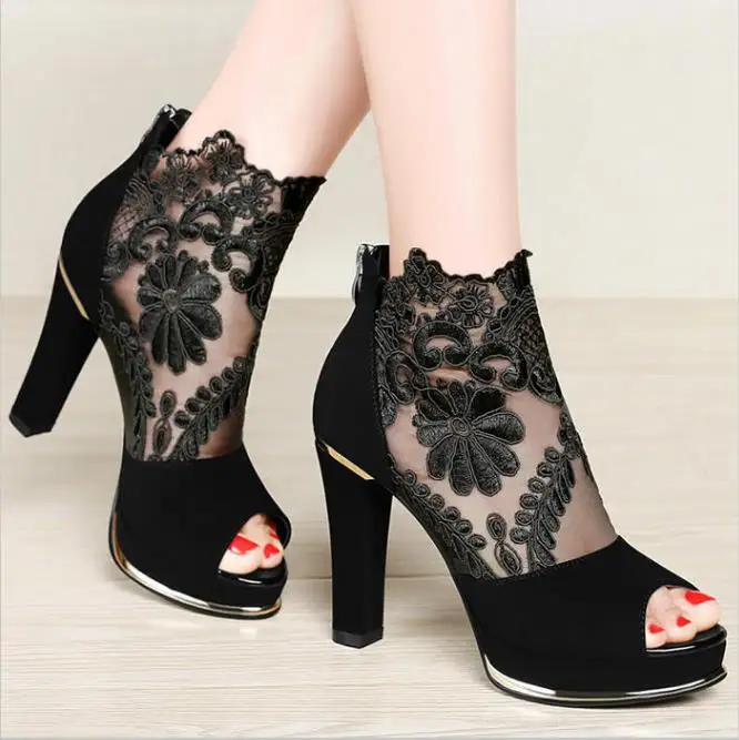 

2018 spring and summer new high-heeled fish mouth shoes mesh coarse with lace sandals waterproof platform thick bottom shoes