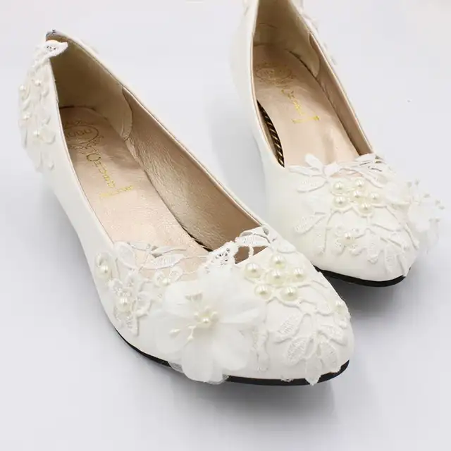 White Lace Flower Wedding Shoes Bride Handmade 3cm Low Small Heel