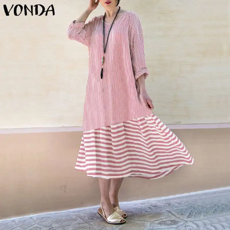 

VONDA Bohemian Women Patchwork Mid-Calf Dresses 2019 Spring Summer Casual Striped Print Party Vestido Robe Femme Plus Size Dress