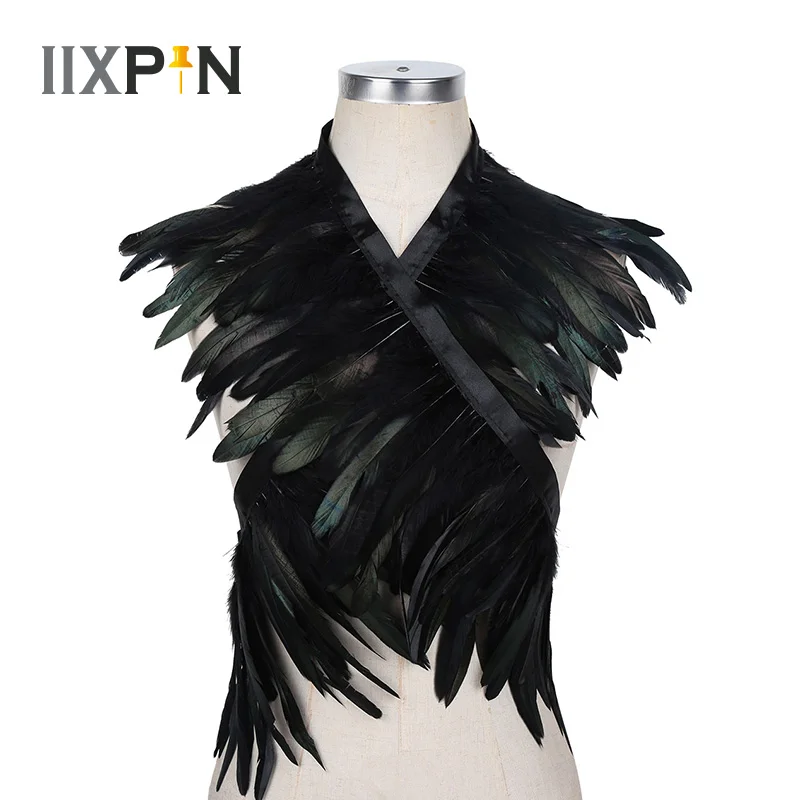 

IIXPIN Feather Shrug Cape Iridescent Rooster Hackle Natural Feather Cape Shoulder Wrap Collar Ribbon Ties Halloween Costumes