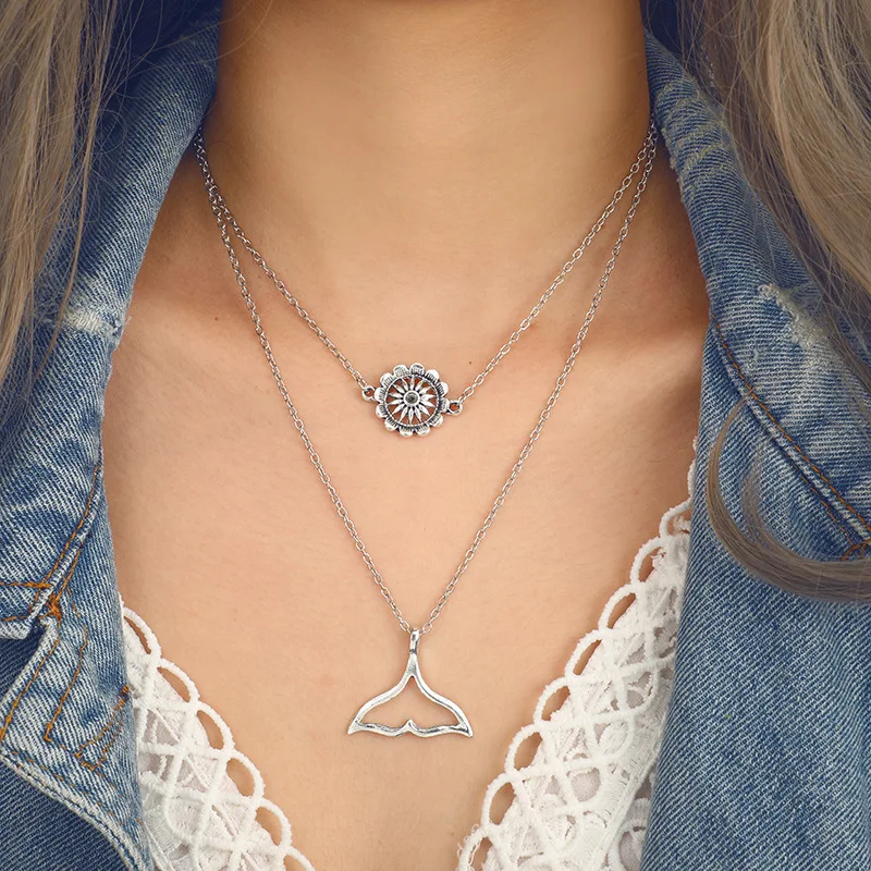 Fashion Bohemian Fish Tail Multi Layer Necklaces For Women Girl Sliver Color Flower Summer Beach Wind Necklace Charm Jewelry | Украшения и