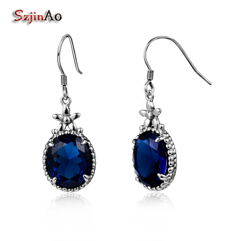 

Szjinao Tibetan Jewelry Sapphire Real Solid 925 Sterling Silver Vintage Earrings For Women Wedding Favors and Gifts