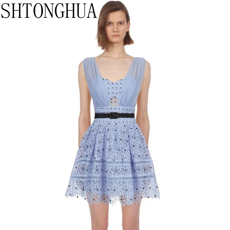 

SHTONGHUA Vintage Summer Self Portrait Dress Runway Women Blue Mesh Patchwork Lace Sleeveless Dress Sexy Dot Backless Mini Dress