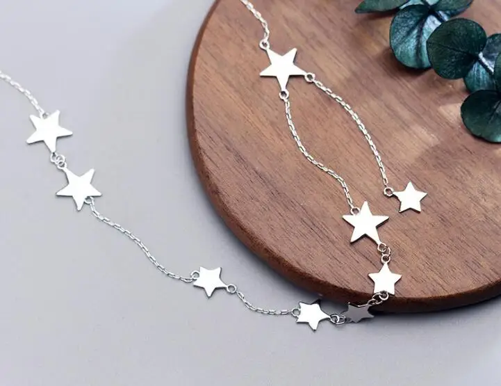 Women's 100% real 925 Sterling Silver Fine Jewelry Polished Stars Pendant Choker Short necklace GTLX1626 photo