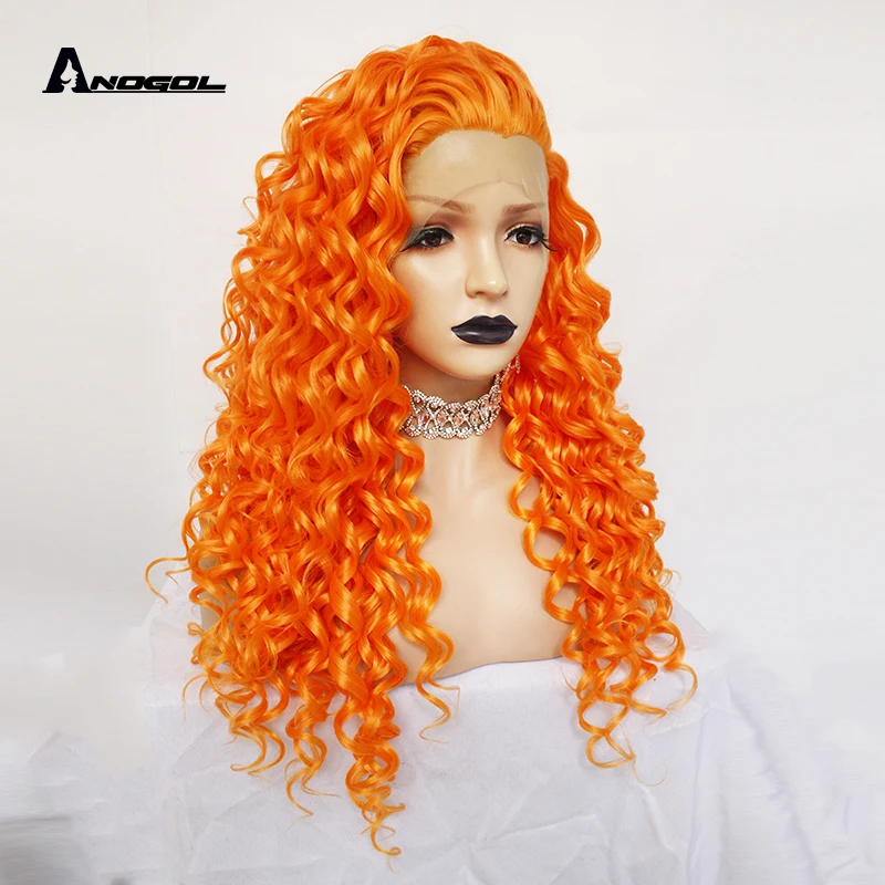 Anogol высокое температура волокно натуральный длинные вьющиеся перука ручной работы часть оранжевый волос синтетические волосы на