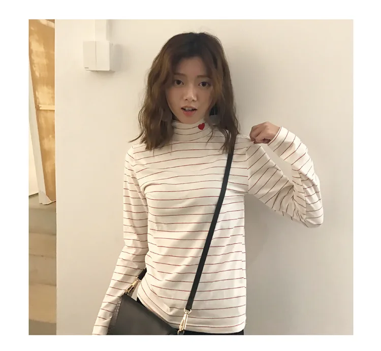 Женская футболка с вышивкой в виде сердца Harajuku, корейский эластичный плотный высокий воротник, базовая тонкая футболка, женские Топы И Футболки в стиле каваи панк