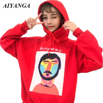 

Thick Fleece Hoodies Women Fashion Print Pullovers Hoodies Loose Casual 2018 Autumn Winter Hooded Sweatshirts Tops Female
