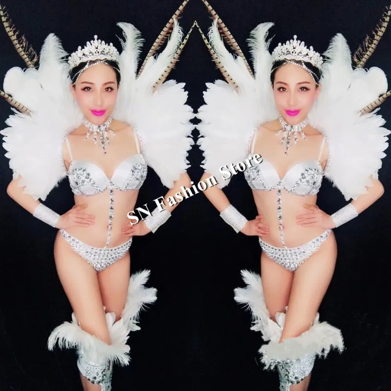 

DC32 White feather dj ballroom dance costumes led supply catwalk stage show wears dresses bar bra club perforamnce party clothes