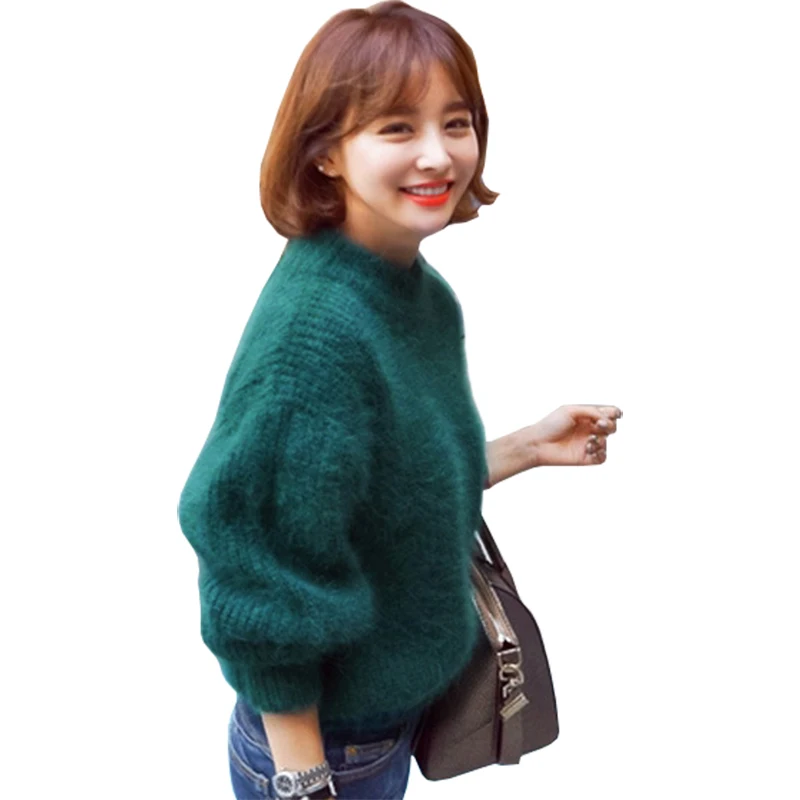New Autumn Winter Sweater Women half-high Collar long-haired Mink Mohair Thick Loose Lantern Sleeve Pullover Vestidos LXJ181 | Женская