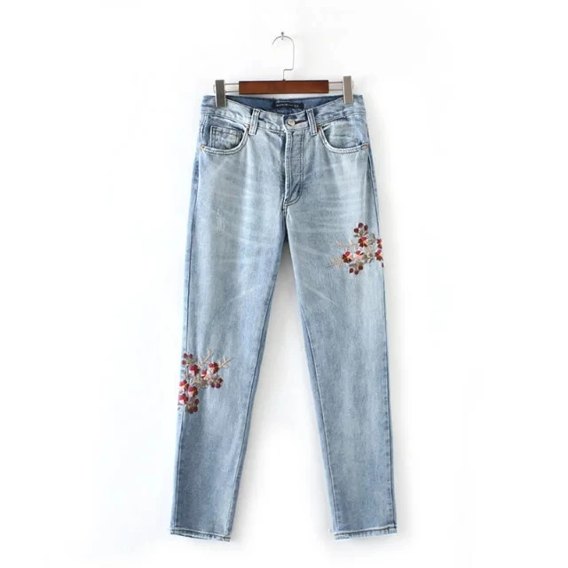 Women jeans slim fit flower embroidery denim jeans