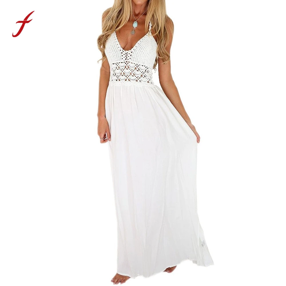 1366 8 De Réductionfeitong Femmes Robe De Plage Mode Dentelle Crochet Dos Nu Bohème Dos Nu Soirée Fête Maxi Longue Robe Blanche Robes Vestidos In
