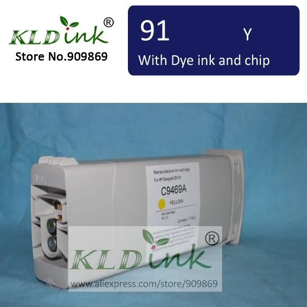 

Compatible HP91 C9469A YELLOW Dye ink cartridge for Designjet Z6100 printer