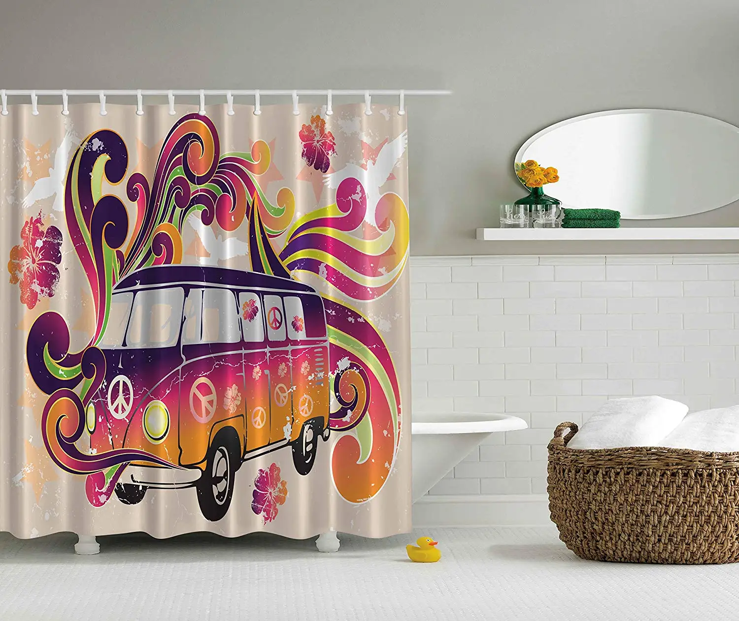 Us 17 49 30 Off Shower Curtains Boho Decor Peace Van Funny Minivan Caravan Hippie Hippy Bohemian Cute Minivan Peace Sign In Shower Curtains From