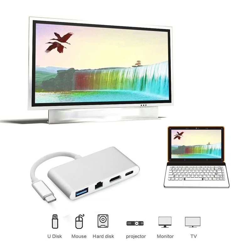 USB C к HDMI 4K + Gigabit Ethernet (RJ45 порт) 3 0 1 type адаптер|USB-хабы| |