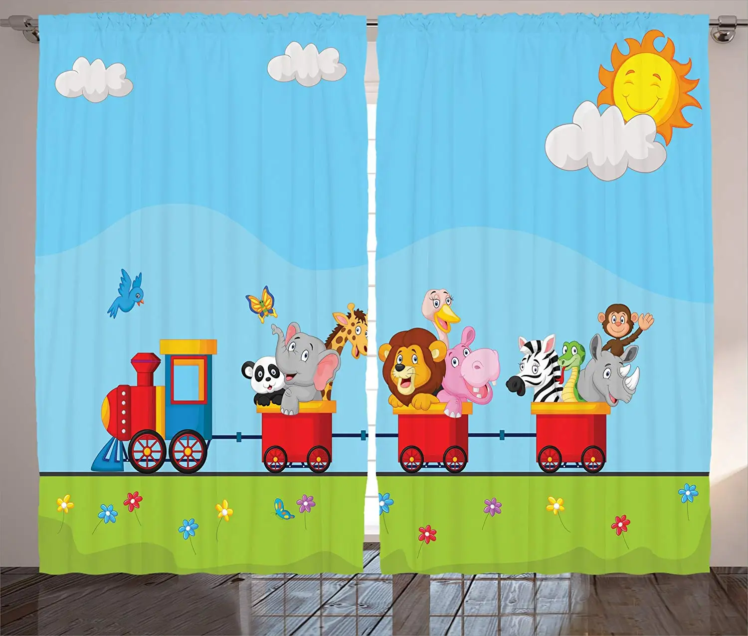 

Cartoon Curtains Animal On Train with Birthday Background Sun and Clouds Lion Elephant Zebra Print Living Room Bedroom Decor