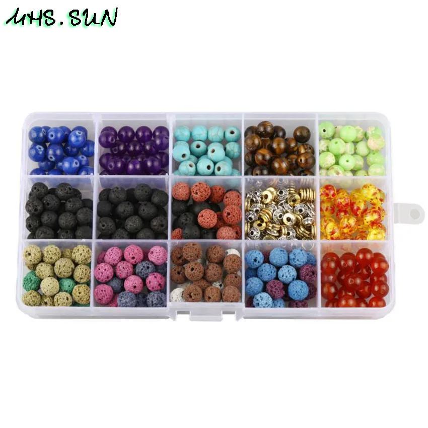 

MHS.SUN 8MM DIY Round Natural Stone Beads/Volcanic Stone/Synthetic Stone/Elastic String Jewelry Kit For Chakra Bracelet Making