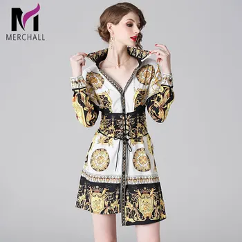 

Merchall Designer Women Dress 2019 New Summer Women's Sleeve Contrast Color Flower Print Dress Belt Runway Shirt Dress