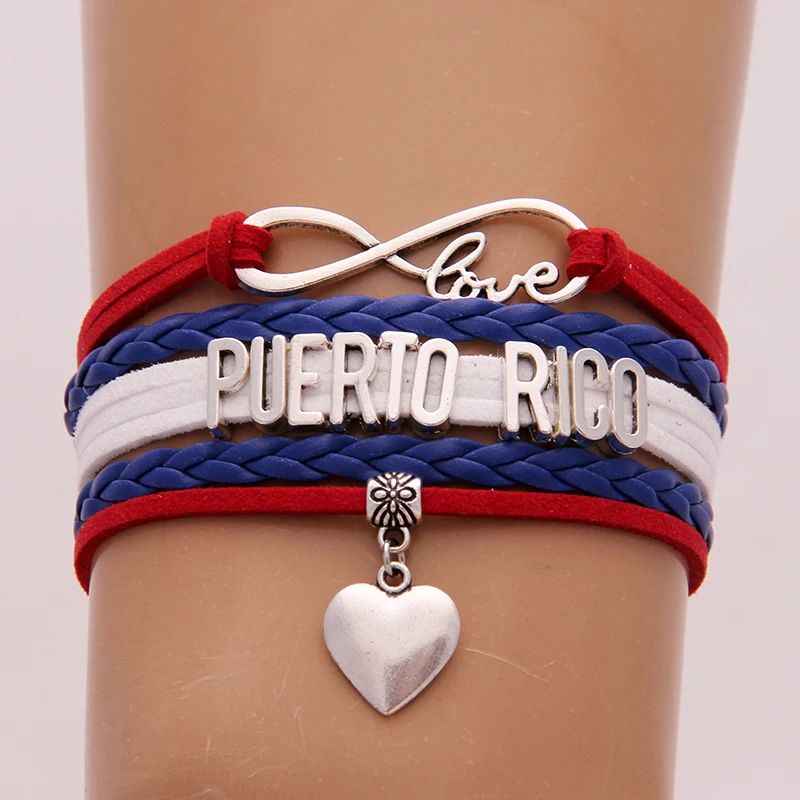 

Drop Shipping Infinity love National Flag Puerto Rico Bracelet heart Charm leather bracelets & bangles for Women Men jewelry
