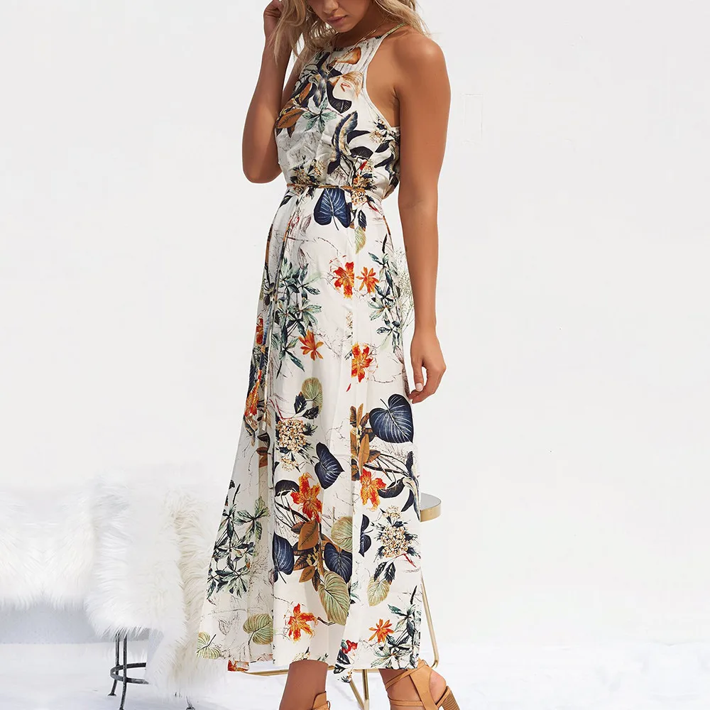 Ladies Print Floral Long Boho Bohemian Beach Summer Dress Women Sundress Sexy Halter Sleeveless Maxi Vintage Dress Vestido