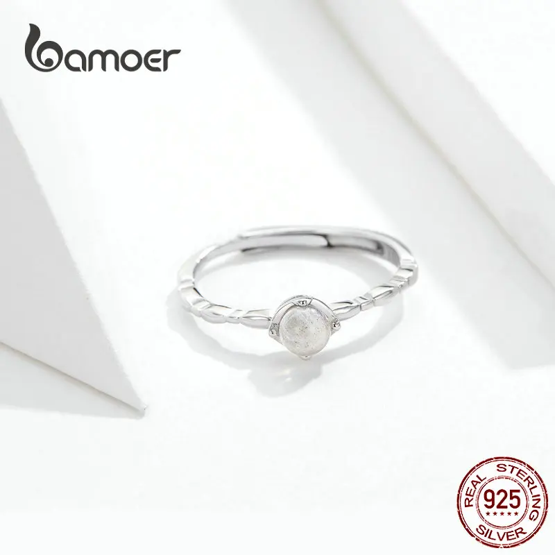 Женское кольцо с лунным камнем bamoer тонкое на палец из натурального серебра 925