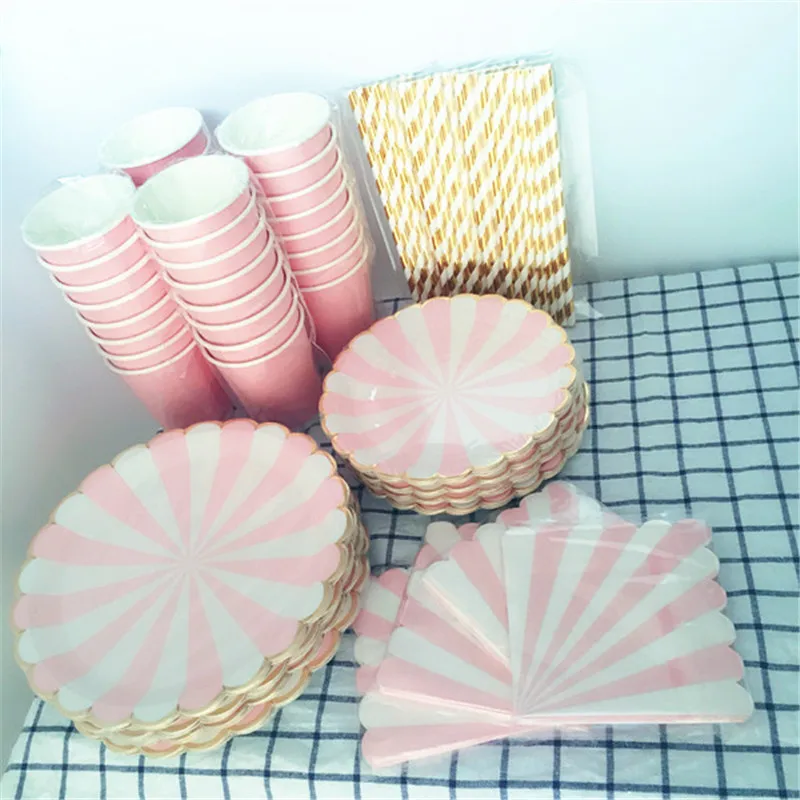 8 комплектов(40 шт) розовая полоса с золотой фольгой гребешок набор посуды бумажная тарелка салфетка для чашек соломинки для украшения дня рождения