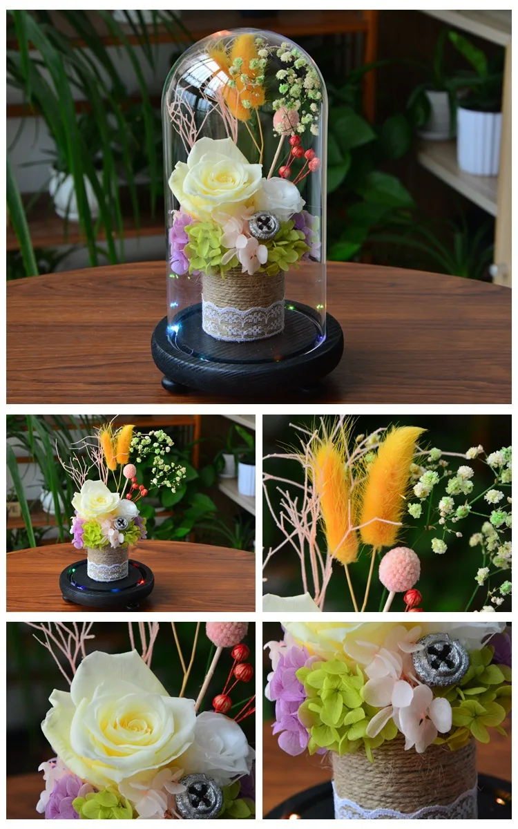 Tampa de Vidro Flor com Luz Candeeiros de Mesa para Decoração de Casa Casamento Decoração Fresco Preservado Rose Led Corda Bela Levou 2 Luzes e Iluminação